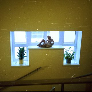 Person sitting on window sill indoors.