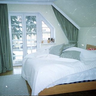 Cozy bedroom with large bed, sliding glass doors, and greenery.