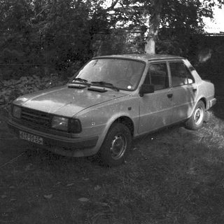 Vintage hatchback car parked on grassy area.