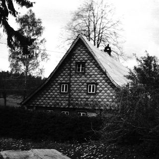 Traditional timber-framed house with person on roof.