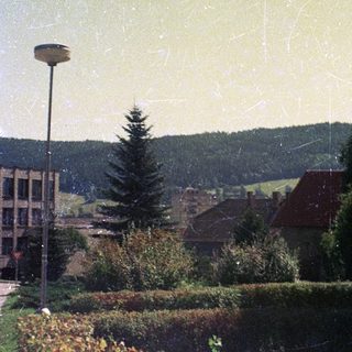 Vintage photo of rustic village with autumn foliage and old stone tower.