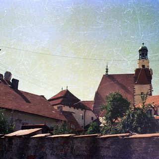 Historic European town with medieval rooftops and tower.
