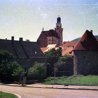 Historic town with castle ruins and traditional buildings.