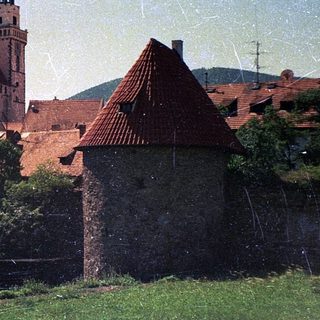 Historic town with castle ruins and traditional buildings.