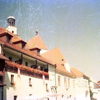 Charming European town with historic buildings and greenery.