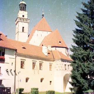 Historic castle with tall tower and red roofs.