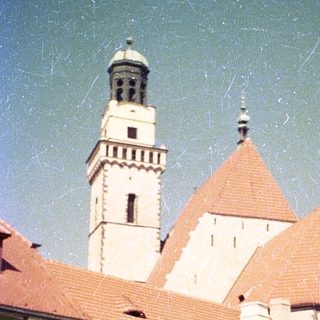 Historic castle with tall tower and red roofs.
