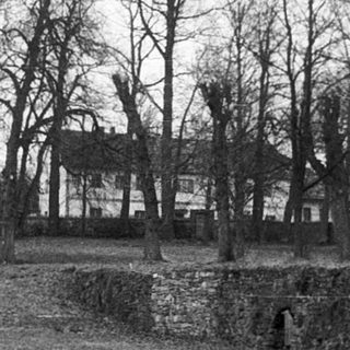 Rural landscape with bare trees, old stone walls, and distant buildings.