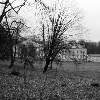 Historic building surrounded by bare trees in winter.