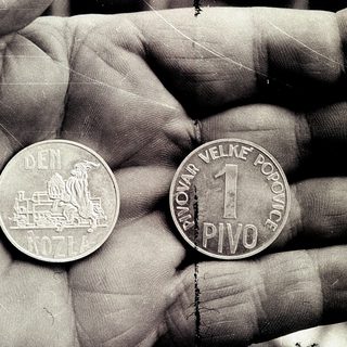 Two 1-pivo (1 koruna) coins held in hand.
