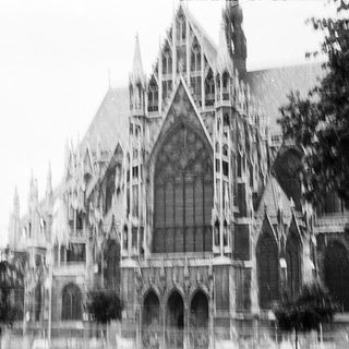 Gothic-style cathedral facade with pointed arches.