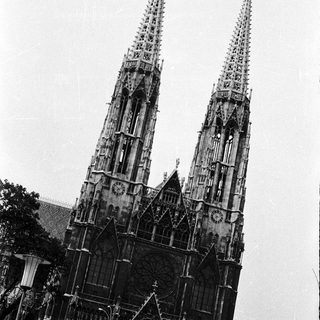Gothic cathedral with twin spires.
