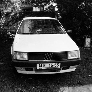 White Fiat car parked in wooded area.