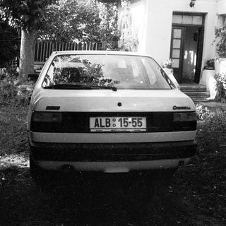 A parked silver sedan with license plate "ALB 15-55" in grassy area.