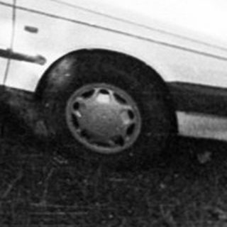 Aerial view of parked car in wooded driveway.
