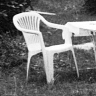 Abandoned car and garden furniture in overgrown yard.
