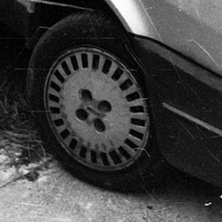 Vintage hatchback car parked in wooded area.