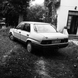 Vintage car parked on grassy, overgrown driveway.