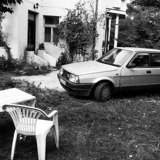 Vintage car parked on grass near garden.