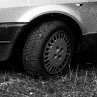 Vintage car parked on grass near garden.
