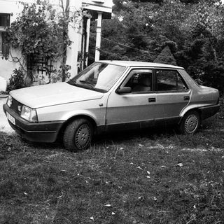 Old sedan parked on overgrown grass.