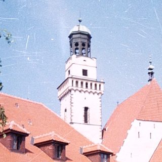 Historic castle with red-tiled roofs and tower.