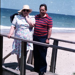 Two elderly people standing on beach stairs by ocean.