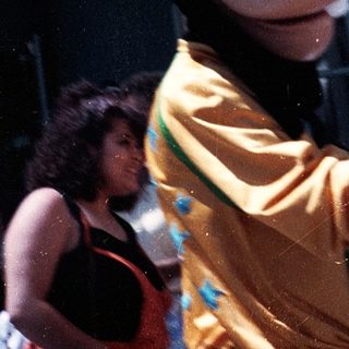 Costumed mascot interacting with crowd outdoors.