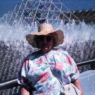 Woman enjoying water fountain show at amusement park.