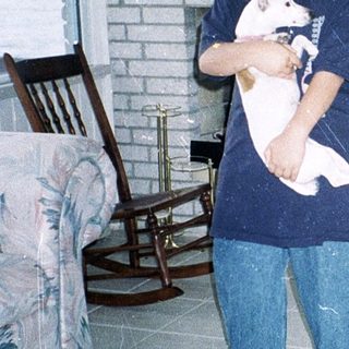 Person holding a white kitten indoors with a dog.