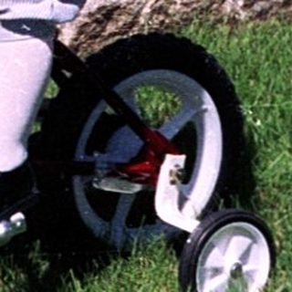 Young child riding small bicycle near garden.