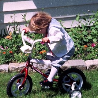 Child riding small bicycle on grass near garden.