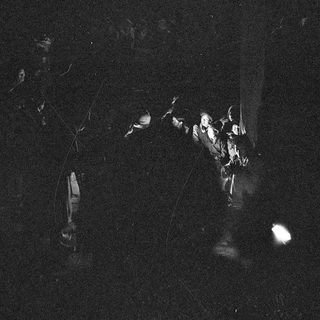 Dark concert scene with audience dancing under stage lights.