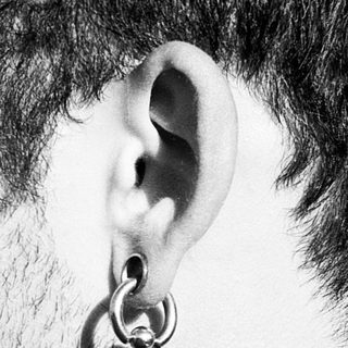 Side profile of bearded man with ear piercing.