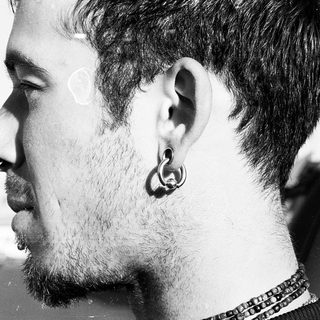 Side profile of bearded man with ear piercing.