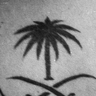 Temporary palm tree and crescent sword tattoo on shoulder.