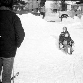 Children sledding down snow-covered hill.