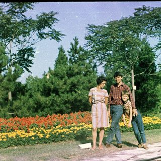 Family posing outdoors in colorful park flowers.