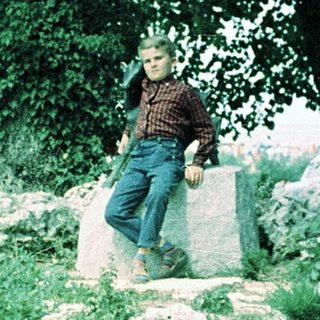 Person sitting on rocks in wooded outdoor area.