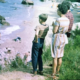 Family enjoying seaside view by rocky shore.