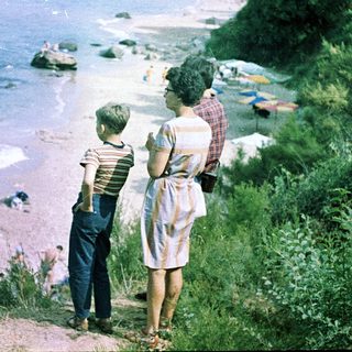 Family enjoying seaside view by rocky shore.