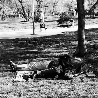 Person lying on grass in park.