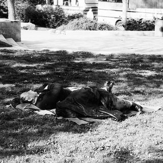 Two individuals lying on ground near bus stop.