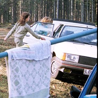 People setting up a campsite in forested area.
