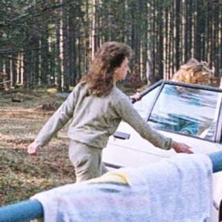 People setting up a campsite in forested area.