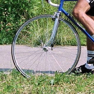 Cyclist riding road bike through green countryside.