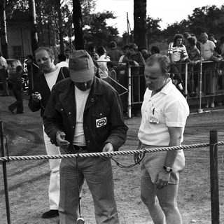 Security personnel directing crowd at outdoor event.