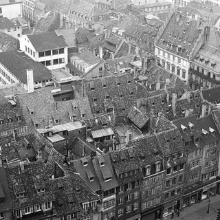 Destructed European city center after wartime bombing.