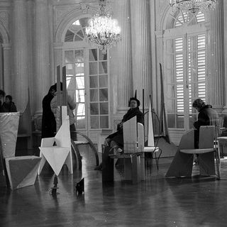 Artistic installation in grand interior space.