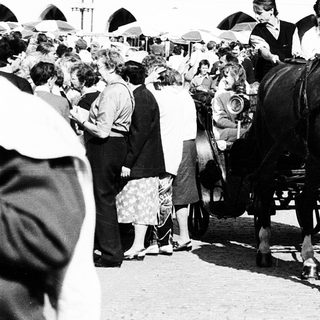 Horse-drawn carriage in crowded street scene.